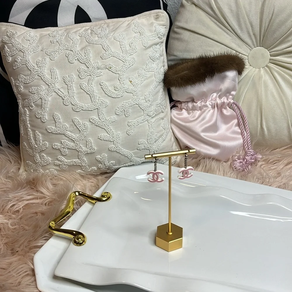 CHANEL VINTAGE CRUISE PINK WHITE STRIPE LOGO EARRINGS